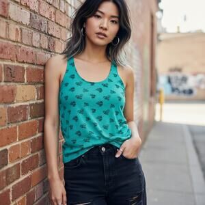 💚No Boundaries Razer Back Burnout Tank 👚 Turquoise Black Hearts Large